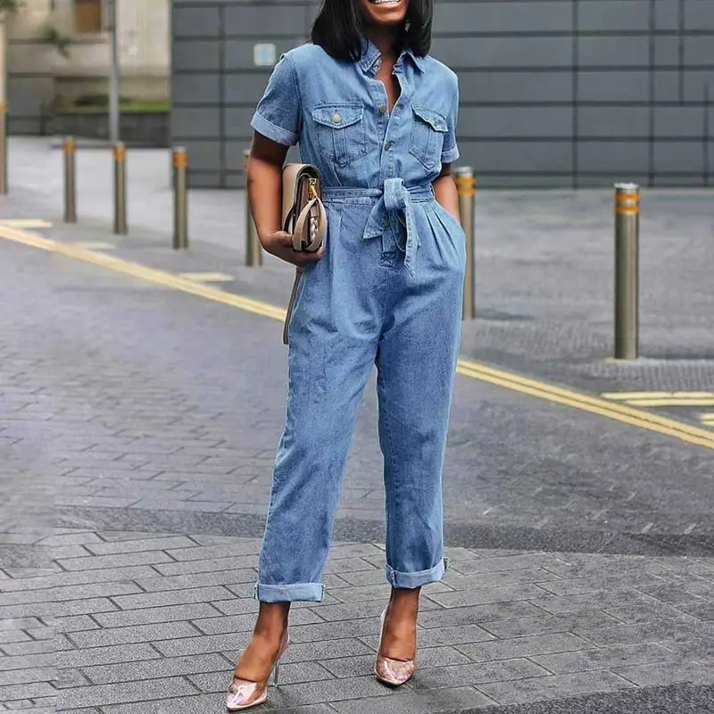 Африканский Модный повседневный плюс размер 3XL джинсовые комбинезон женщин полной длины Простой Шнуровкой прямой с высокой талией Комбинезон на застежке карман