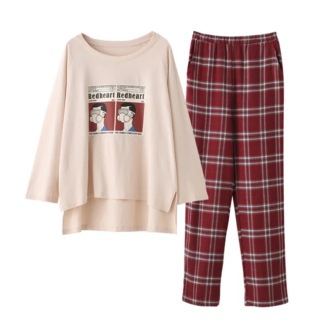 Women Home wear Long Sleeve spring checked Pajamas Sets  wine red plaid Cotton Sleepwear girls indoor clothing female housewear