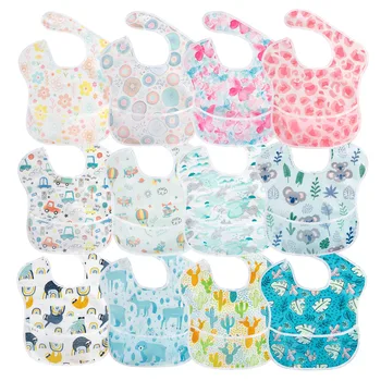 

4Pcs/Lot Baby Waterproof Bib with Crumb Catcher Pocket， Comfortable Soft Adjustable Snaps Feeding Bibs for Infants and Toddlers