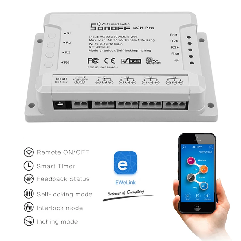 

SONOFF 4CH R2/PRO R2 Smart Switch, 4-channel WIFI Smart Home Timer Light Switch for Google Home Work with EweLink WiFi Switch