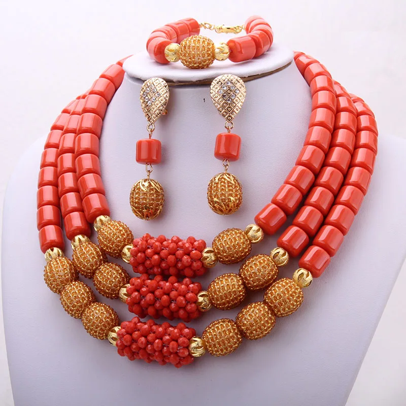 Dudo Store African Jewelry Set New Designs 3 Layers Artificial Coral Beads Jewellery Set 2019 With Gold Beaded Balls 3 Pieces - Image 2