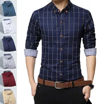 

2019 new explosions fashion lattice lapel long-sleeved shirt men's spring and autumn slim shirt shirt