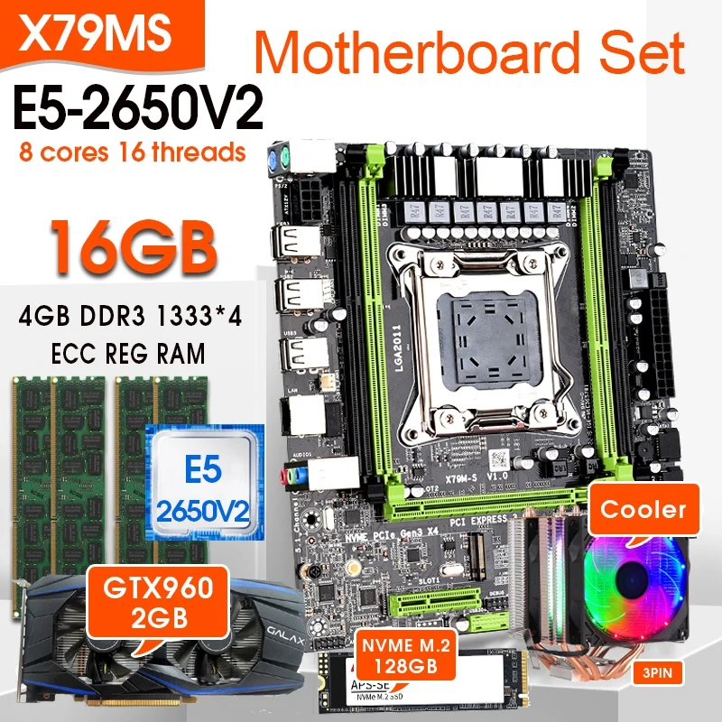 X79 motherboard set with Xeon E5-2650 V2 CPU LGA2011 combos 4*4GB=16GB 1333Mhz memory DDR3 RAM GTX 960 2GB cooler 128GB M.2 SSD |