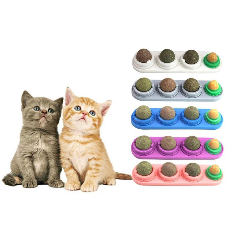 Cat Catnip Ball Set Self-adhesive Rotated Catnip Silvervine Lick Ball Pet Kitten Molar Teething Cleaning Toy Wall Mount indestructible dog toys