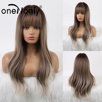 

oneNonly Synthetic Wigs Ombre Brown Long Natural Wave with Bangs Wigs for Women Free Shipping Heat Resistant Natural Hair Wig