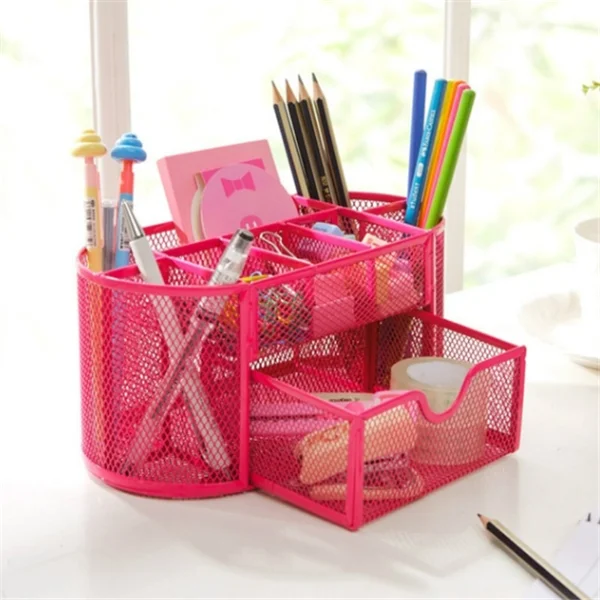 Hot pink 9 ячеек, металлическая ручка, держатель для домашнего офиса, канцелярские принадлежности, контейнер, коробка для школы, офисные принадлежности, подарочные коробки, Настольный Органайзер - Цвет: Hot pink