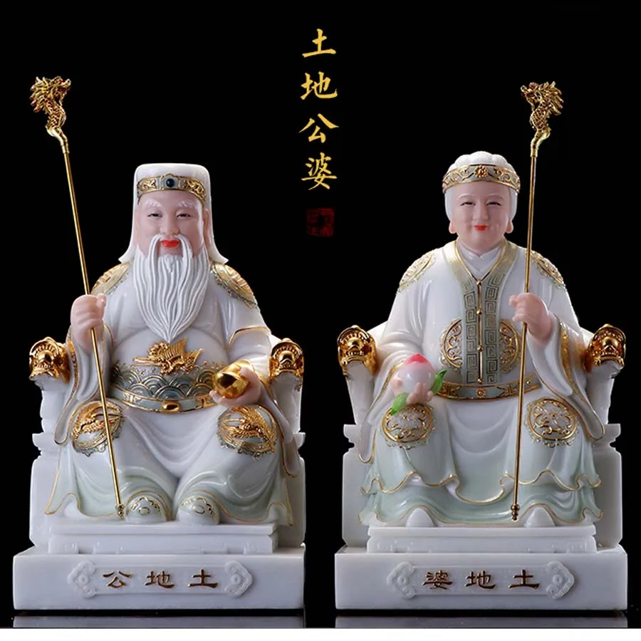 A pair TOP gilding jade TU DI GONG PO BUDDHA figure HOME shop Prosperity protection God of wealth CAI SHEN YE FENG SHUI statue | Дом и сад