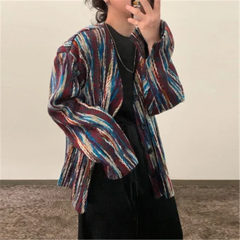 

Fashion New Mix Color Sweater Jackets Autumn Handsome Casual Loose Vertical Knitted Buck Cardigans Females Streetwear Outwear