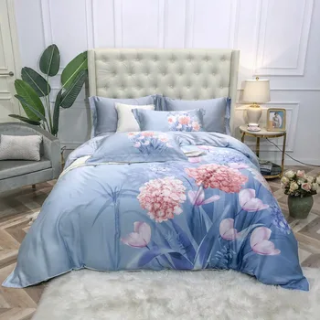 

600TC Tencel Silk 4Pcs Bedding set Blossom Floral Duvet Cover Bed Sheet set Floral Tree Leaves Ultra Soft Breathable for Summer