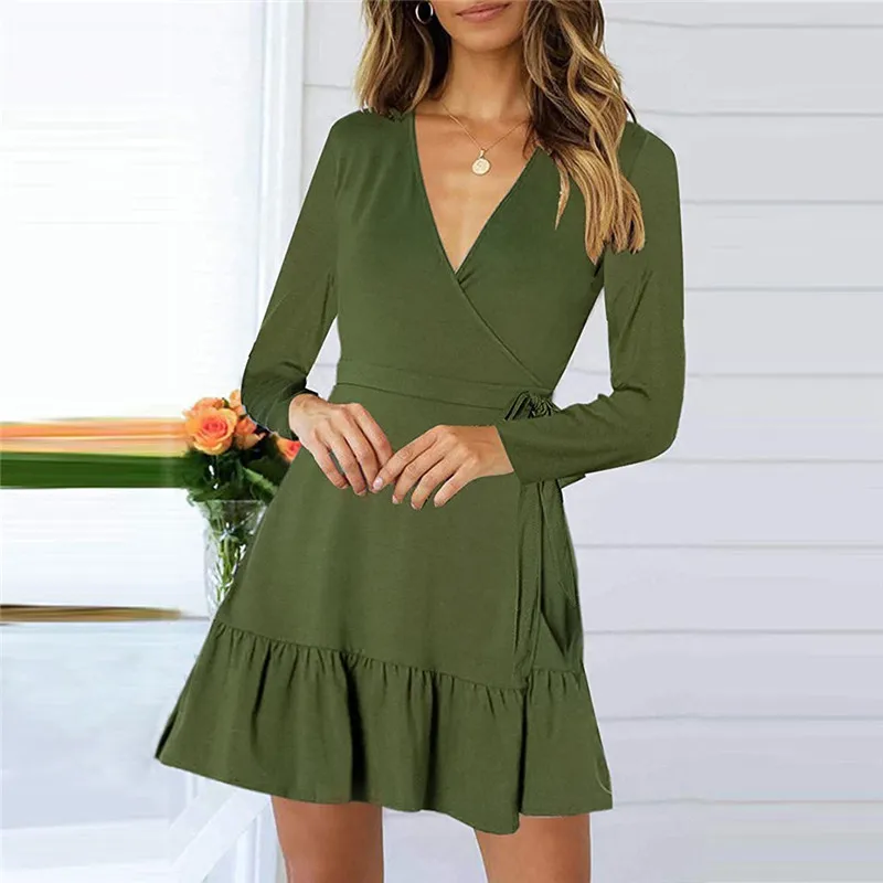 

Women Spring Autumn Dress Plus Size Fashion Long Sleeve V-neck Bohemian Solid Color Ruffle Swing A-Line Mini Dress With Belt jul