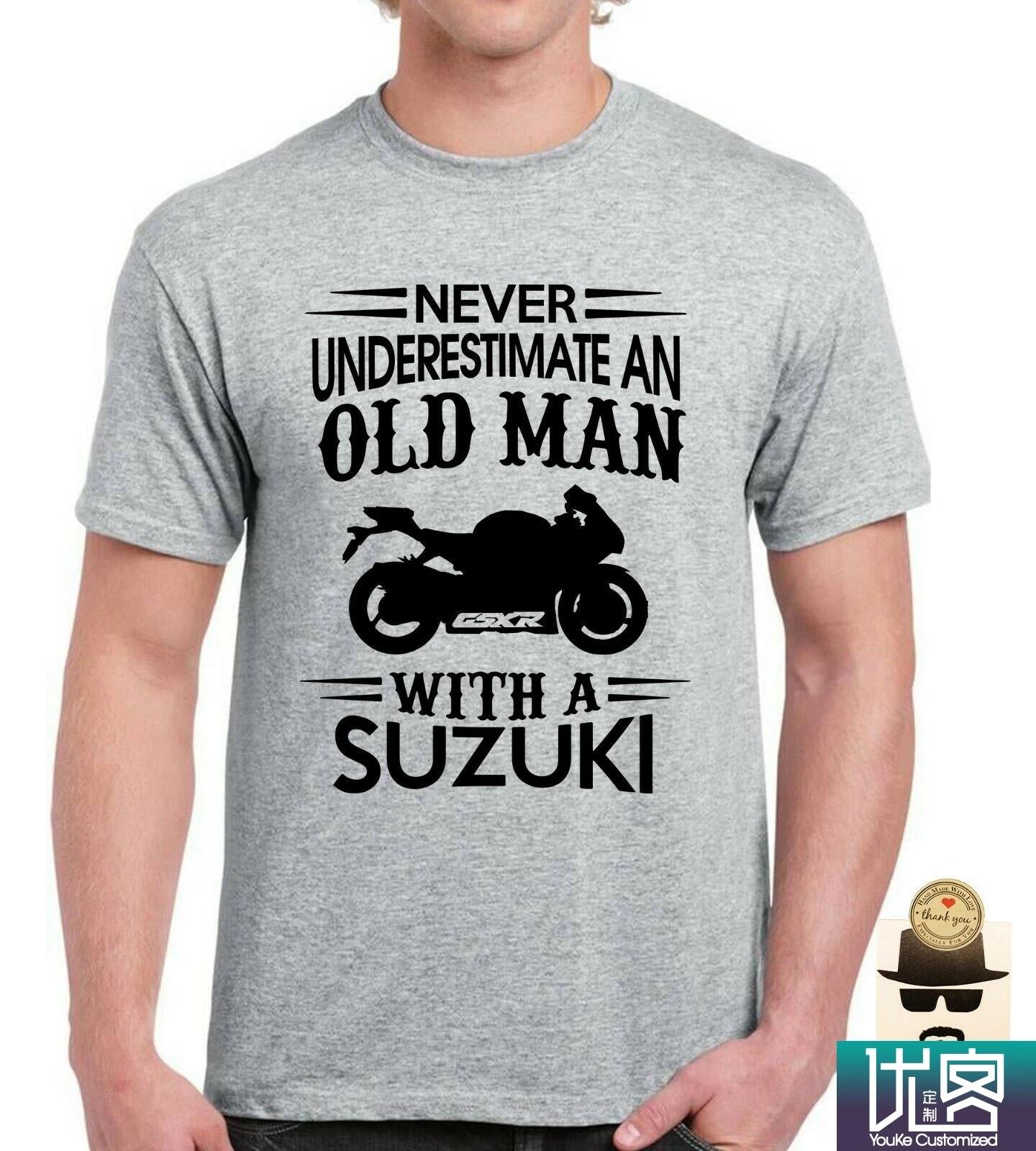 Light Grey Никогда не недооценивайте пожилых людей с Moto Guzzi, Mitsubishi, Mini, Skynet, Suzuki, Tesla Car Amazing Мужская футболка с коротким рукавом - Color: Light Grey