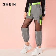 SHEIN/Детские неоновые брюки-карго с пряжкой и сетчатой вставкой, с поясом, для девочек; коллекция года; сезон осень; серые брюки с эластичным поясом и карманами по бокам