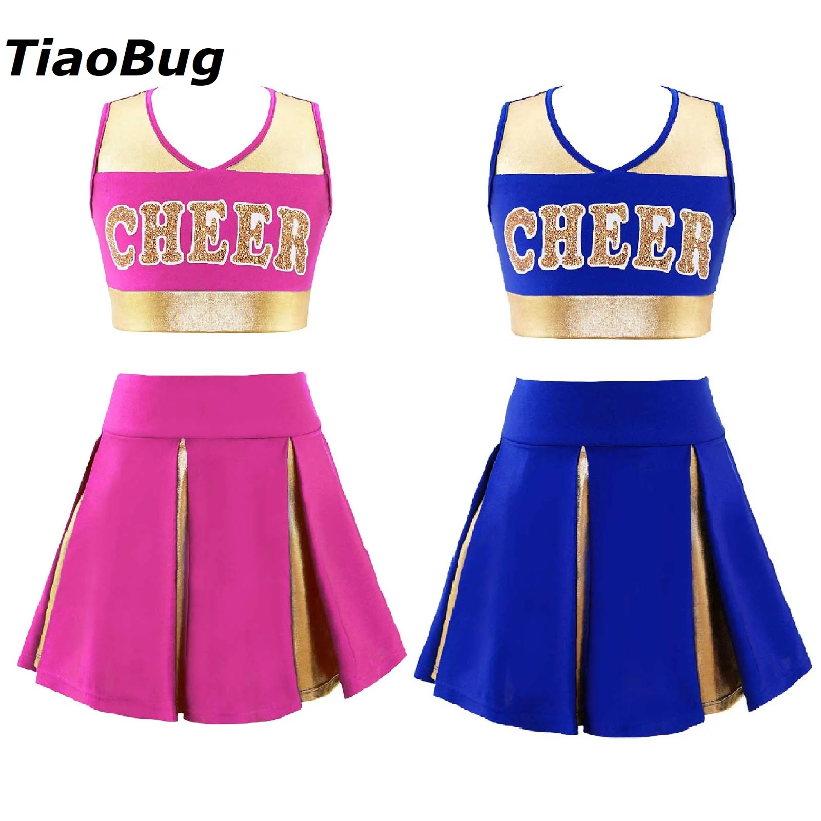 

Kids Girls Cheerleading Suits Patchwork Style Dance Clothes Letter Print Crop Top With Elastic Waistband Skirt Kids Sport Suits