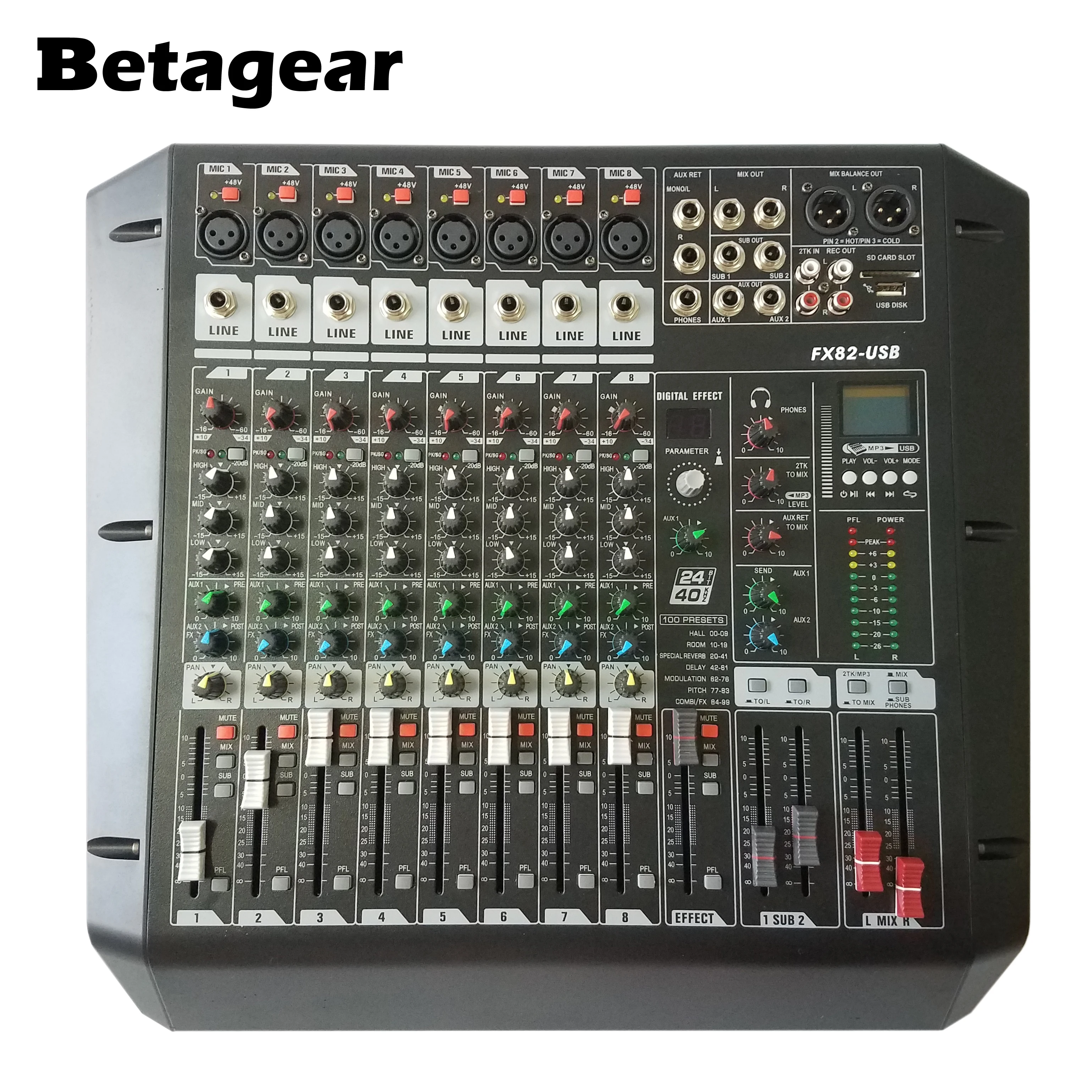 8 канальный миксер Betagear FX82USB крепление на стойку студийный консоль для записи