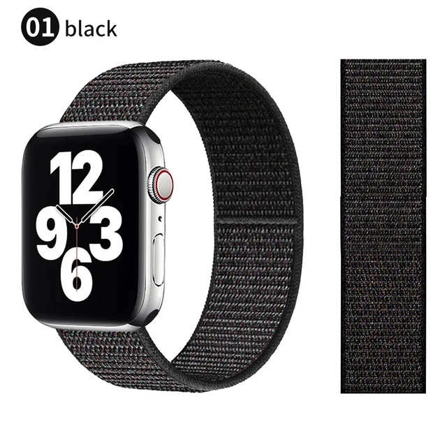 Nylon Strap for Apple watch series 7 band 41mm 44mm 40mm 42mm 38mm smartwatch wristband belt sport loop bracelets iWatch 3456 se Black