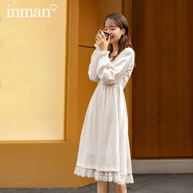 INMAN 2020 Autumn Winter New Arrival Simple Cotton Three-dimensional Jacquard Embroidered Waist Slim Horn Long Sleeve Dress INMAN 2020 Autumn Winter New Arrival Simple Cotton Three-dimensional Jacquard Embroidered Waist Slim Horn Long Sleeve Dress