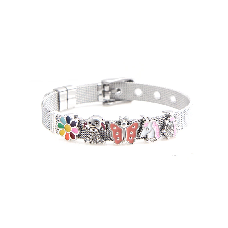 SET 1 Somsoar Jewelry Cute Slide Charm 8mm Mesh Bracelet Set Child toddler Kids Bracelet Stianless Steel Woman Bracelet as Xmas Gift - Окраска металла: SET 1