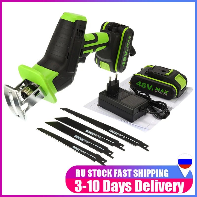 

Portable 48V Cordless Reciprocating Saw Electric Saber Saw For Wood Metal Chain Cutting Power Tool With 4 Blades 2 Battey