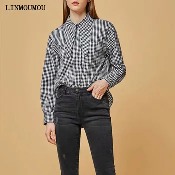 

Ladies Vintage French Long Sleeve Lapel Shirt Plaid Print Casual Tops Autumn Cotton Buttons Decorative Shirts