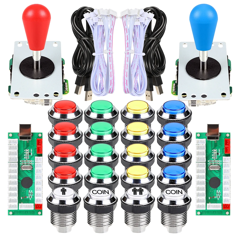 2 Player Ellipse Arcade Kit Oval Bat Joystick Handles LED Chrome Arcade Buttons for Arcade Standard Controller DIY Games MAME 
