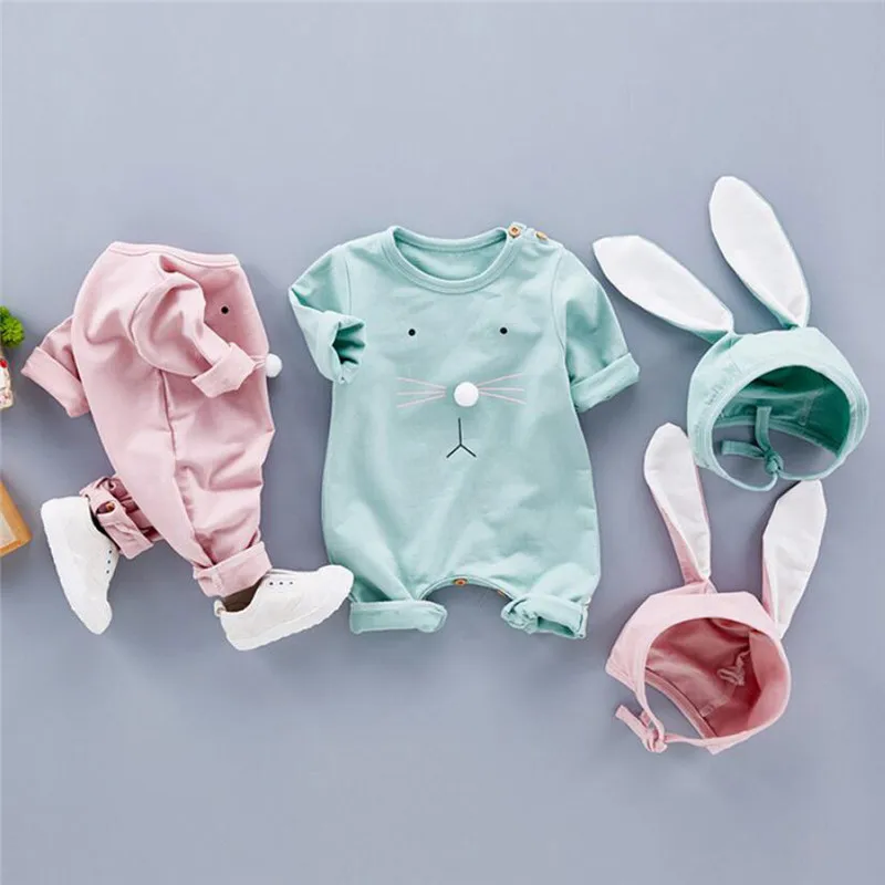 LONSANT Baby Girl Boy Clothes Romper+ Rabbit Ears Hat Autumn Winter Long Sleeve Newborn Infant Ruffle Romper Jumpsuit Outfits