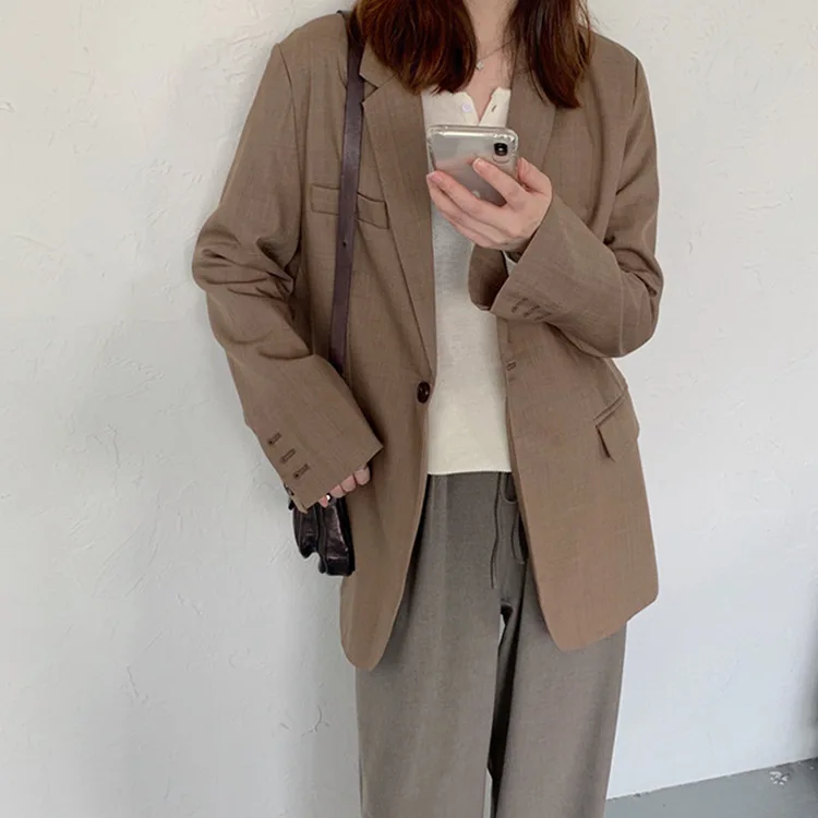 

Gentle Elegant Small Suit Customizable Tea Color Casual Loose-Fit One-Button Long Sleeve Fold-down Collar Commuting Coat Women's