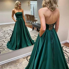 LUXIYIAO LO174 długie satynowe zielone Prom suknie z kieszeniami bez ramiączek Maxi gorset powrót formalna wieczór impreza Homecoming suknie