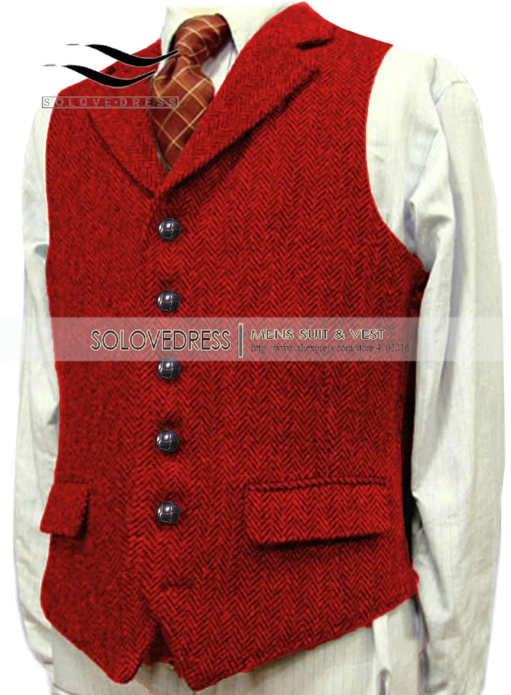 Men's Wool Tweed Slim Fit Leisure Cotton Suit Burgundy Vest Gentleman Herringbone Business Brown Waistcoat For Wedding Groom 6