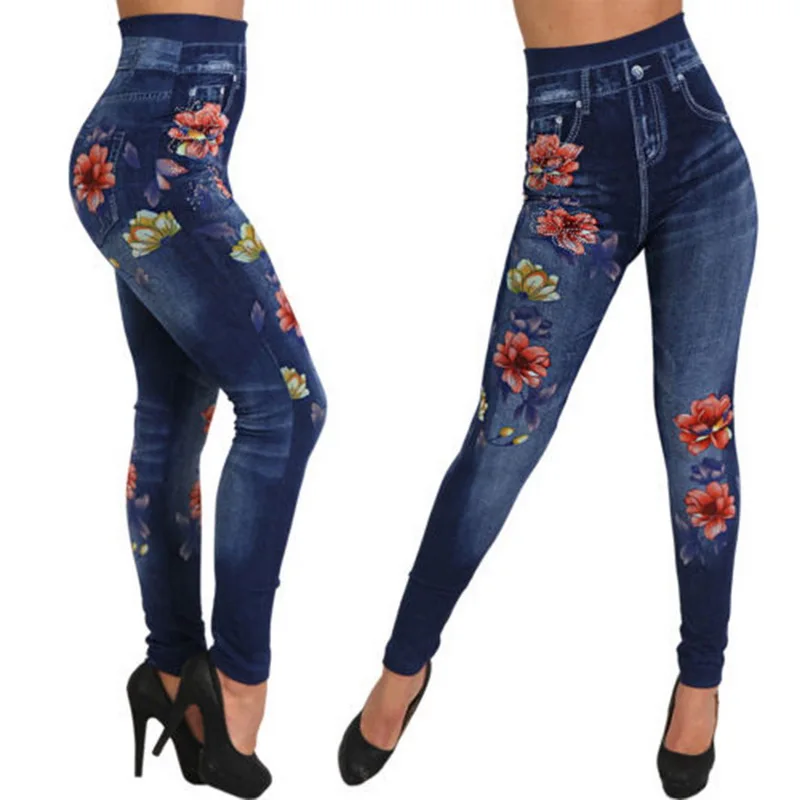 

Litthing Women Faux Jeans Leggings Women Skinny Fitness Leggings Floral Printed High Waist Pencil Pants Ladies Casual Leggings