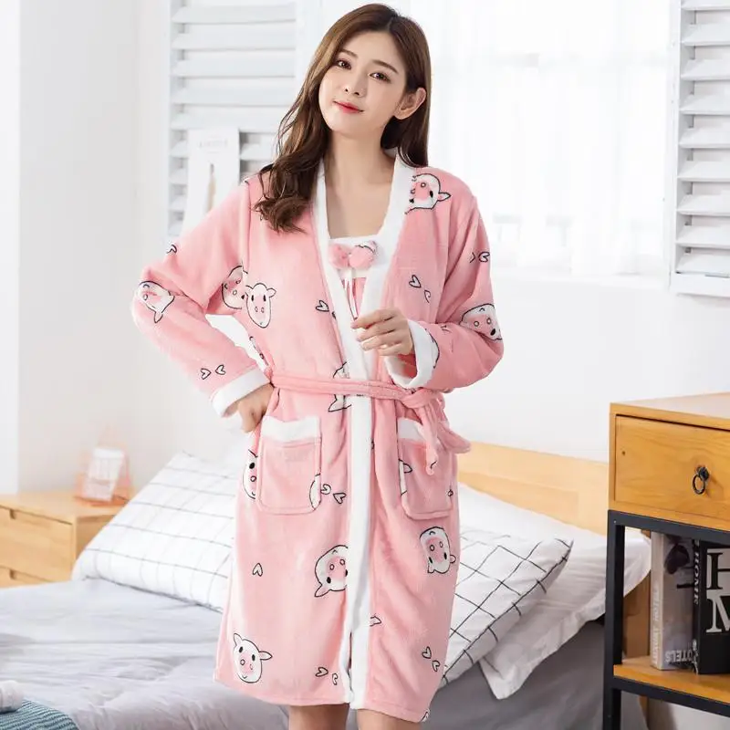 Мягкая теплая Пижама с медведем, комплект из 2 предметов, домашняя одежда, халат, женская зимняя Пижама, красный халат, домашняя одежда, комплект для сна, ночная рубашка с бантом - Цвет: Style E