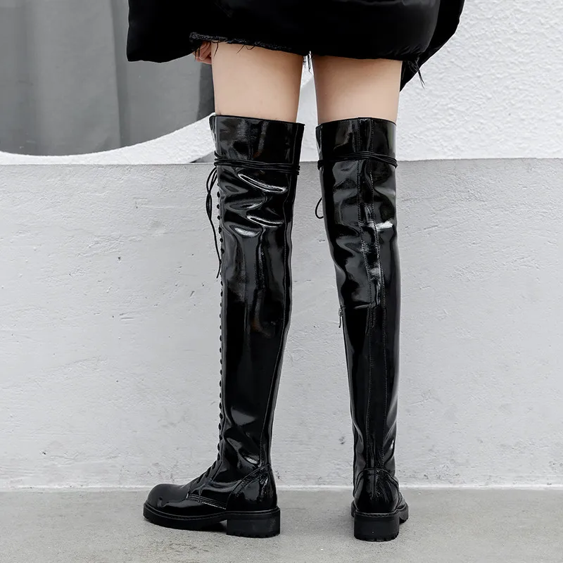 MORAZORA genuine leather shoes women thigh high boots lace up zip low heels platform shoes woman Motorcycle boots black