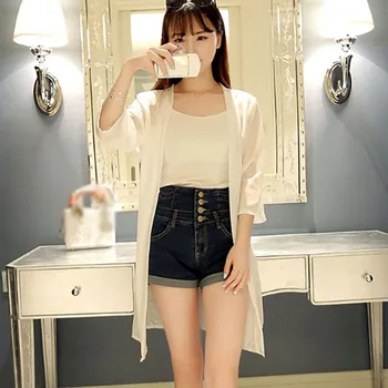 

New Women Halter Collar Blouses Loose Chiffon Sun Protection Clothing Solid Female Three Quarter Sleeve Long Shirt