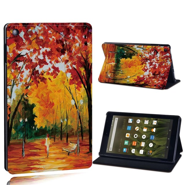 Amazon Fire 7 5/7/9th Gen / Fire HD 8 / 10 with alexa Printed Painting PU Leather Tablet Stand Folio Cover Case