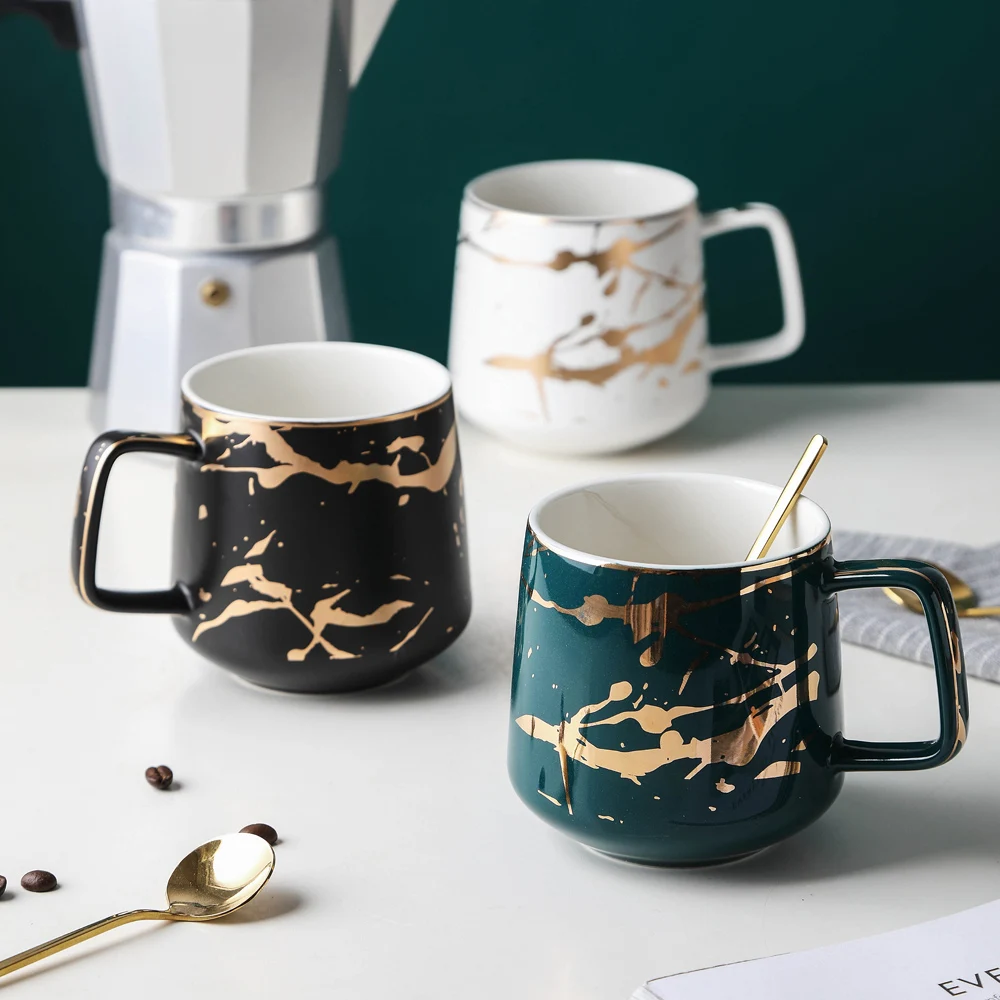 MUZITY Ceramic Coffee Mug with Lid Porcelain Tea Cup and Wooden Saucer Special Marble Golden Design Mug