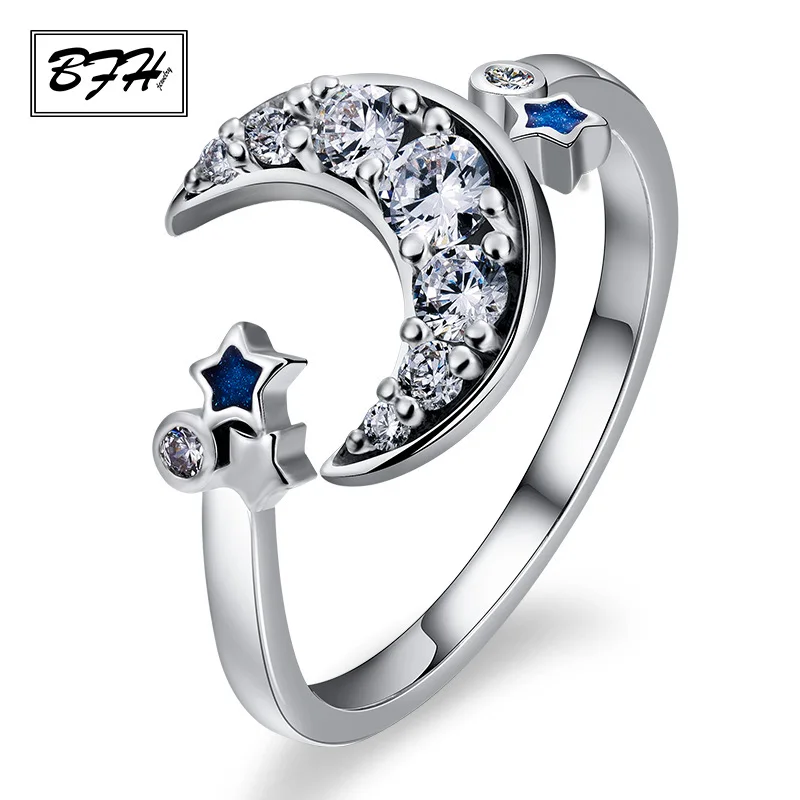 Fashion New Design Adjustable Wedding Rings For Women Geometric Moon &amp Star Crystal Zircon Silver Colour Ring Female Jewelry | Украшения