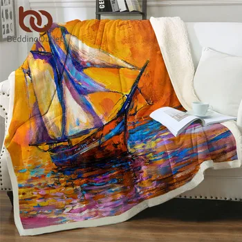 

BeddingOutlet Sailboat Sherpa Blanket Oil Painting Custom Blanket Sunset Seascape Throw Blanket Boat Modern Impressionism Manta