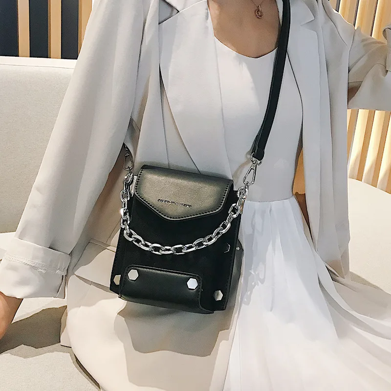 

Retro Small Bag Women's 2019 Autumn New Style Dull Polish Verticle Square Sling Bag Solid Color Rivet Chain Crossbody Bag