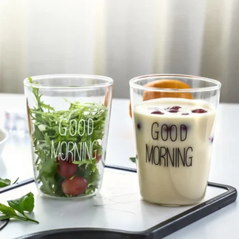 

Set of 2-black/white words home morning water glass office juice coffe milk glass cups GLA-123