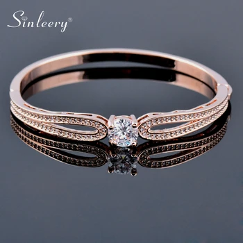

SINLEERY Rose Gold Color Round Cubic Zirconia Hollow Bangle Cuff Women Luxury Tiny Crystal Bracelets SL087 SSI