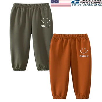 

Pudcoco Boy Girl Pants 1T-9T Kids Long Solid Color Pants Letter Smile Face Print Pleated Elastic Band Trouser