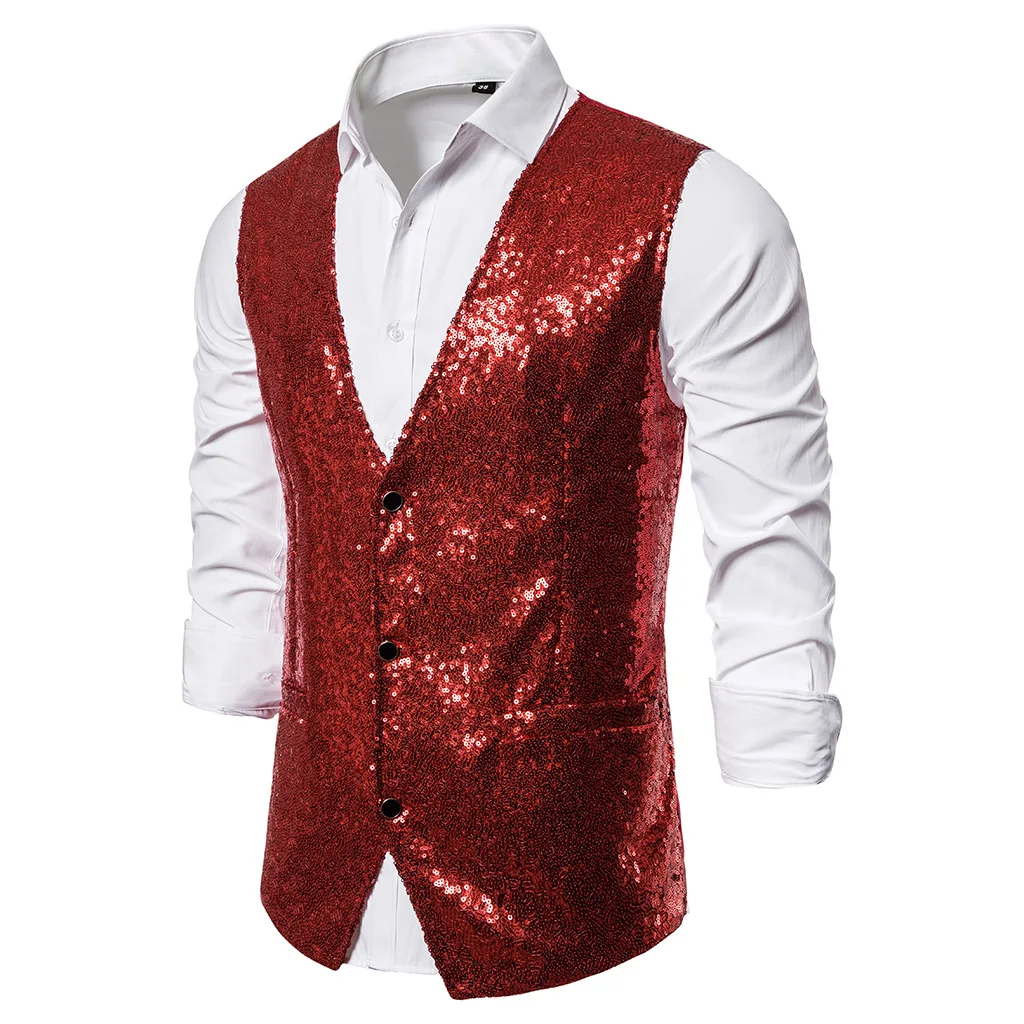 Adisputent Autumn Men Sequin Blazers Vest Gliter Suit Vest Nightclub DJ Stage Shiny Gold Sequin Bling Glitter Vest S-XXL