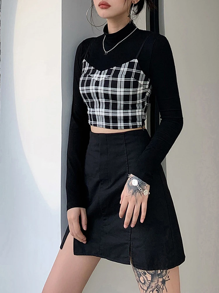 

E-girl Mesh Hollow See-Through y2k Tops 2020 Autumn Two Pieces Outfits Pleaded Patchwork Streetwear shirt Chic Party Club Shirt