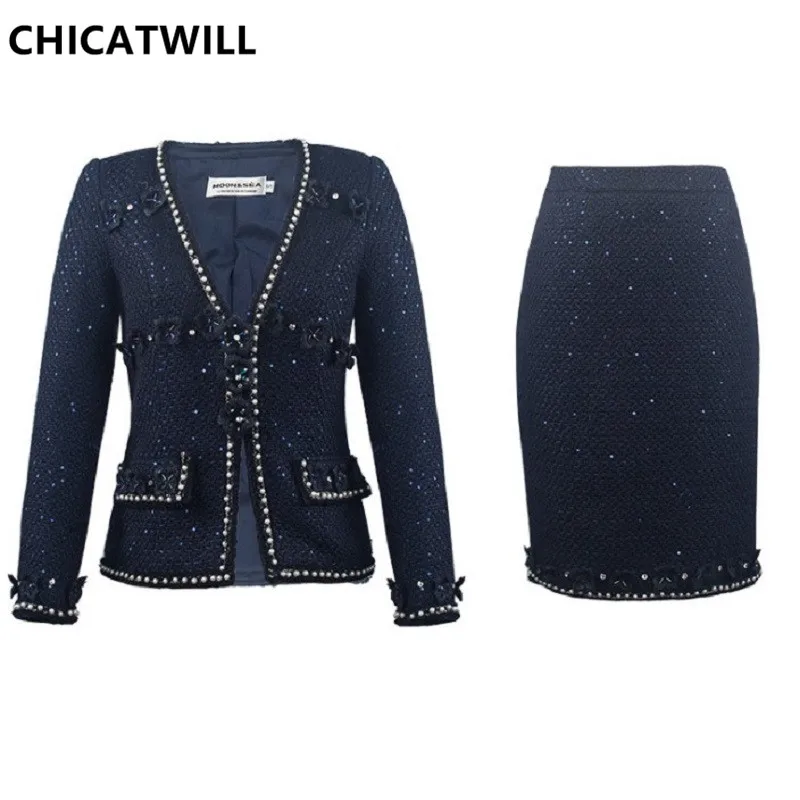 

CHIC Winter New Designer Runway Vintage 3D Flowers Women Beading Tweed Jackets Tops and pearls mini Skirts Woman's 2 pieces Set