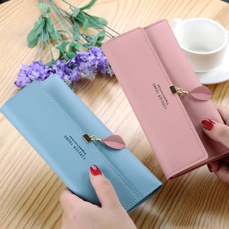 

2019 New Style Multi-functional Korean-style Simple Leaf Pendant Long Forever Young Three-fold Wallet Leather Wallet