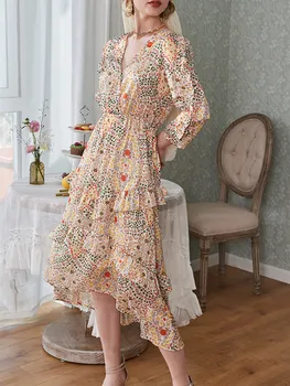 

2020 New V-neck Women Midi Dress Spring Summer lady Slim Ruffled Female Long Dresses Asymmetry Clothes for Holiday Party