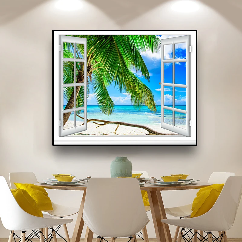 

Canvas Poster Painting Seaside scenery outside the window Creative Decor Picture Home Decoration For Hotel Bedroom Living room