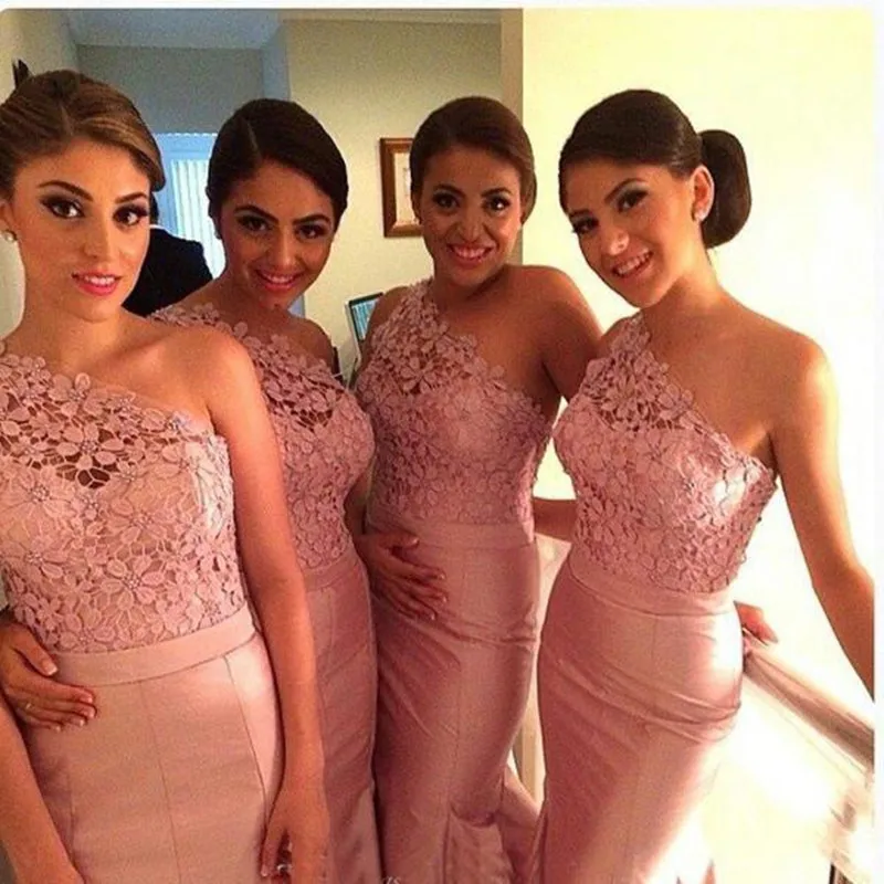

2015 Custom Made Lace Mermaid Bridesmaid Dresses One Shoulder Floor Length Long Pink Taffeta Wedding Party Blush Dresses