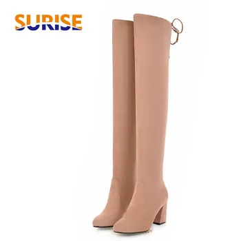 

Big Size Winter Women Thigh High Boots 7.5cm High Chunky Heel Pink Stretch Faux Suede Sexy Party Club Plush Long Over Knee Boots