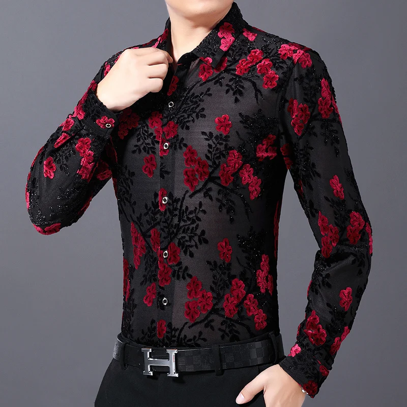 Spring Autumn Men Silk Velvet Hollow Long Sleeve Casual Sexy Floral Party Transparent Shirt Slim Fit
