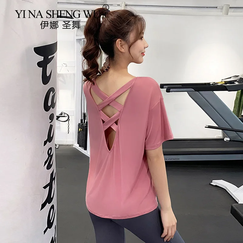 

Open Back Yoga Shirts Gym Workout Short Sleeve Women Summer Quick Dry Sports T-shirts Loose Fitness Gym Jogging Sportswear Tops